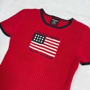 Polo Jeans Co Ralph Lauren Kids Red Knit Short Sleeve Shirt American Flag L